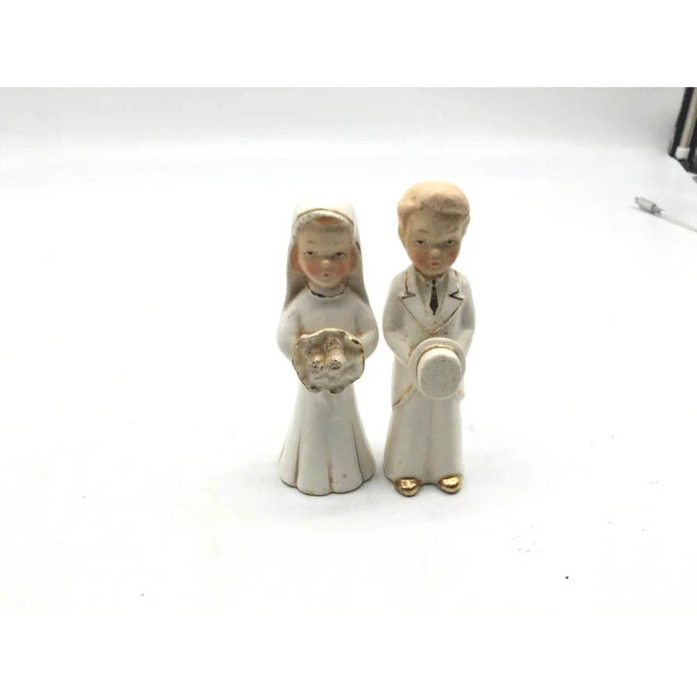 Vtg Porcelain Bride and Groom Wedding Topper White Gold 5” Japan READ Distressed